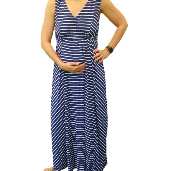 Isabel Maternity Maxi Blue and White Stripes Dress Size Large - Picture 1 of 7